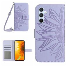 Per Samsung Galaxy S23 FE 5G Skin Feel Sun Flower Custodia a conchiglia in pelle con cordino (viola)