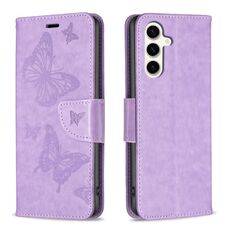 Per Samsung Galaxy S23 FE 5G Custodia in pelle con motivo a due farfalle in rilievo (viola)