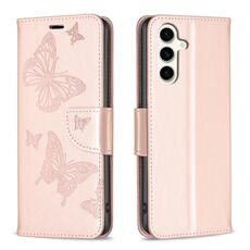 Per Samsung Galaxy S23 FE 5G Custodia in pelle con motivo a due farfalle in rilievo (oro rosa)