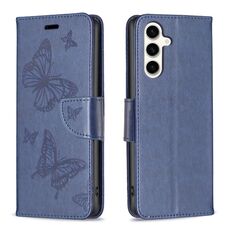 Per Samsung Galaxy S23 FE 5G Custodia in pelle con motivo a due farfalle in rilievo (blu)