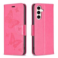 Per Samsung Galaxy S23 FE 5G Custodia in pelle con motivo a due farfalle in rilievo (rosa rossa)