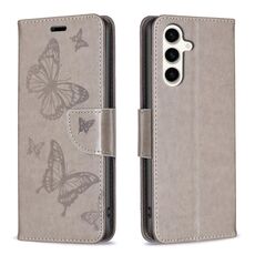 Per Samsung Galaxy S23 FE 5G Custodia in pelle con motivo a due farfalle in rilievo (grigio)