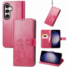 Per Samsung Galaxy S23 FE 5G Custodia per telefono in pelle con fibbia in rilievo con chiusura a quattro foglie (magenta)