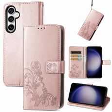 Per Samsung Galaxy S23 FE 5G Custodia per telefono in pelle con fibbia in rilievo con chiusura a quattro foglie (oro rosa)