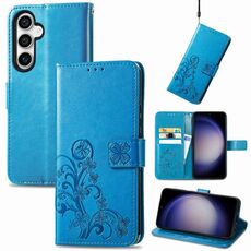 Per Samsung Galaxy S23 FE 5G Custodia per telefono in pelle con fibbia in rilievo con chiusura a quattro foglie (blu)