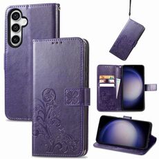 Per Samsung Galaxy S23 FE 5G Custodia per telefono in pelle con fibbia in rilievo con chiusura a quattro foglie (viola)
