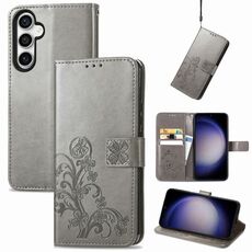Per Samsung Galaxy S23 FE 5G Custodia per telefono in pelle con fibbia in rilievo con chiusura a quattro foglie (grigio)