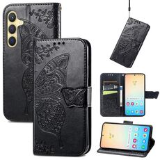 Custodia in pelle goffrata per Samsung Galaxy S23 FE 5G Butterfly Love Flower (nera)