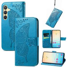 Per Samsung Galaxy S23 FE 5G Custodia per telefono in pelle goffrata farfalla amore fiore (blu)
