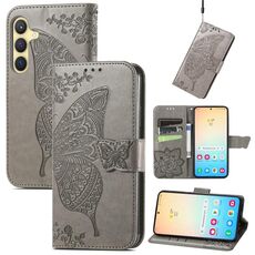 Custodia in pelle goffrata per Samsung Galaxy S23 FE 5G Butterfly Love Flower (grigio)