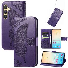 Custodia in pelle goffrata per Samsung Galaxy S23 FE 5G Butterfly Love Flower (viola scuro)