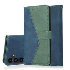 Per Samsung Galaxy S23 FE 5G Custodia in pelle con cuciture a due colori (blu verde)