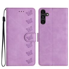 Per Samsung Galaxy S23 FE 5G Custodia in pelle goffrata con sette farfalle (viola)