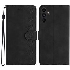 Per Samsung Galaxy S23 FE 5G Custodia in pelle goffrata con sette farfalle (nera)