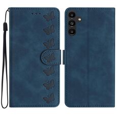 Per Samsung Galaxy S23 FE 5G Custodia in pelle goffrata con sette farfalle (blu)