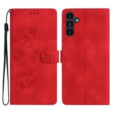 Per Samsung Galaxy S23 FE 5G Custodia per cellulare in pelle con motivo a farfalla fiore (rosso)