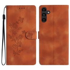 Per Samsung Galaxy S23 FE 5G Custodia per cellulare in pelle con motivo a farfalla fiore (marrone)