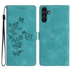 Per Samsung Galaxy S23 FE 5G Custodia per telefono in pelle con motivo a farfalla con fiore (cielo blu)