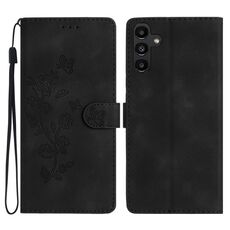 Per Samsung Galaxy S23 FE 5G Custodia per telefono in pelle con motivo a farfalla in rilievo (nero)