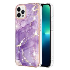 Custodia per telefono antiurto in TPU IMD a doppio lato con motivo in marmo galvanico per iPhone 15 Pro (viola 002)