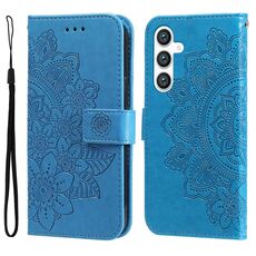 Per Samsung Galaxy S23 FE 5G Custodia per telefono in pelle goffrata con fiori a 7 petali (blu)
