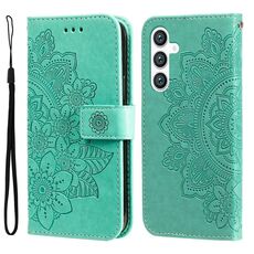 Per Samsung Galaxy S23 FE 5G Custodia per telefono in pelle goffrata con fiori a 7 petali (verde)
