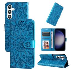Per Samsung Galaxy S23 FE 5G Custodia per telefono in pelle di girasole goffrata (blu)