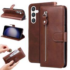 Per Samsung Galaxy S23 FE 5G Custodia per telefono in pelle con cerniera texture vitello moda (marrone)