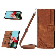 Per Samsung Galaxy S23 FE 5G Skin Feel Custodia in pelle con motivo a strisce con cordino (marrone)