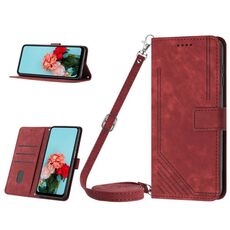 Per Samsung Galaxy S23 FE 5G Custodia in pelle con motivo a strisce Skin Feel con cordino (rosso)