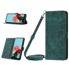 Per Samsung Galaxy S23 FE 5G Custodia in pelle con motivo a strisce Skin Feel con cordino (verde)