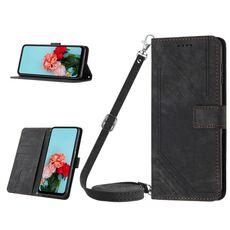 Per Samsung Galaxy S23 FE 5G Custodia per telefono in pelle con motivo a strisce Skin Feel con cordino (nero)