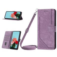 Per Samsung Galaxy S23 FE 5G Custodia per telefono in pelle con motivo a strisce Skin Feel con cordino (viola)