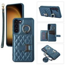Per Samsung Galaxy S22 5G Custodia per cellulare con porta carte orizzontale con doppio cordino (verde scuro)