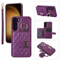 Per Samsung Galaxy S23 + 5G Custodia per cellulare con porta carte orizzontale con doppio cordino (viola scuro)