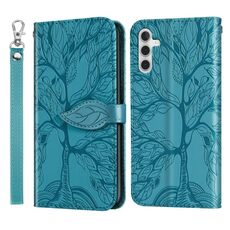 Per Samsung Galaxy S23 FE 5G Custodia per telefono in pelle con motivo a rilievo albero della vita (blu)