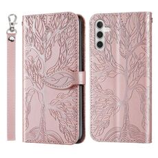 Per Samsung Galaxy S23 FE 5G Custodia per telefono in pelle con motivo a rilievo albero della vita (oro rosa)