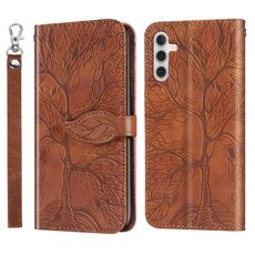 Per Samsung Galaxy S23 FE 5G Custodia per telefono in pelle con motivo a rilievo albero della vita (marrone)