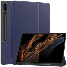 Per Samsung Galaxy Tab S9 Ultra 3-Fold Custodia per tablet in pelle TPU a colori puri con slot per penna (blu scuro)