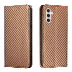 Per Samsung Galaxy S23 FE 5G Custodia in pelle con supporto a vibrazione in fibra di carbonio (marrone)
