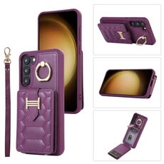 Per Samsung Galaxy S23 + 5G Custodia per telefono con porta carte verticale con doppio cordino (viola scuro)