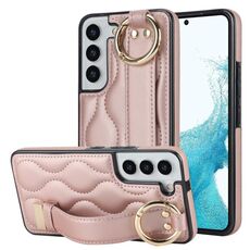 Per Samsung Galaxy S22+ Custodia antiscivolo per telefono in PU con anello a copertura totale con cinturino (oro rosa)