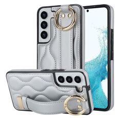 Per Samsung Galaxy S22+ Custodia antiscivolo per telefono in PU con anello a copertura totale con cinturino (argento)