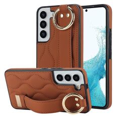 Per Samsung Galaxy S22+ Custodia antiscivolo per telefono in PU con anello a copertura totale con cinturino (marrone)
