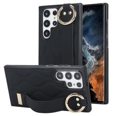 Per Samsung Galaxy S22 Ultra Custodia per telefono in PU con anello a copertura totale antiscivolo con cinturino (nero)