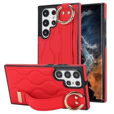 Per Samsung Galaxy S22 Ultra Custodia per telefono in PU con anello a copertura totale antiscivolo con cinturino (rosso)