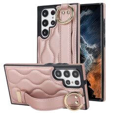 Per Samsung Galaxy S22 Ultra Custodia antiscivolo per telefono in PU con anello a copertura totale con cinturino (oro rosa)