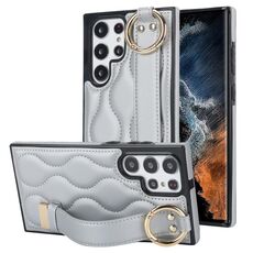 Per Samsung Galaxy S22 Ultra Custodia per telefono in PU con anello a copertura totale antiscivolo con cinturino (argento)