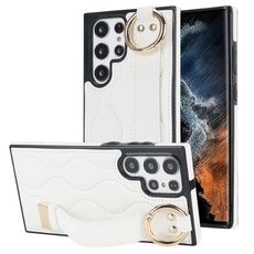 Per Samsung Galaxy S22 Ultra Custodia per telefono in PU con anello a copertura totale antiscivolo con cinturino (bianco)