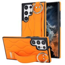 Per Samsung Galaxy S22 Ultra Custodia per telefono in PU con anello a copertura totale antiscivolo con cinturino (arancione)